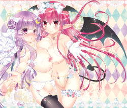 Rule 34 | 2girls, argyle, argyle background, argyle clothes, asymmetrical docking, black legwear, blunt bangs, blush, border, breast press, breasts, bridal garter, crescent, crescent hair ornament, demon tail, demon wings, garter belt, hair ornament, head wings, huge breasts, koakuma, lace, lace border, lactation, large breasts, long hair, looking at viewer, multiple girls, navel, nipples, nude, ornate border, pastel colors, patchouli knowledge, pekopokox, pointy ears, purple eyes, purple hair, reaching, reaching towards viewer, red eyes, red hair, smile, sparkle, tail, thighhighs, touhou, very long hair, white garter belt, wings