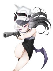 Rule 34 | 1girl, black choker, black dress, black footwear, black hair, black horns, black wings, blue archive, choker, closed mouth, collarbone, commentary request, demon horns, dress, foot out of frame, grey halo, gun, halo, highres, holding, holding gun, holding weapon, horns, kayoko (blue archive), kayoko (dress) (blue archive), koflif, long hair, multicolored hair, official alternate costume, ponytail, red eyes, shoes, simple background, single wing, sleeveless, sleeveless dress, solo, weapon, white background, white hair, wings