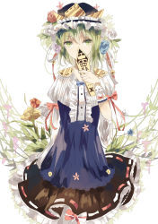 Rule 34 | 1girl, absurdres, adapted costume, alternate costume, bad id, bad pixiv id, bell, chocolate (jitong), covering own mouth, dress, flower, frills, green eyes, green hair, hair flower, hair ornament, hat, hat flower, hat ribbon, highres, long sleeves, looking at viewer, matching hair/eyes, puffy sleeves, ribbon, rod of remorse, rose, shiki eiki, short hair, simple background, solo, touhou, white background, wide sleeves