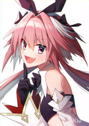 Rule 34 | 1boy, artist name, astolfo (fate), astolfo (saber) (fate), bare shoulders, black bow, black gloves, black ribbon, blush, bow, bowtie, commentary request, fang, fate/grand order, fate (series), from side, gloves, hair bow, hair intakes, hair ribbon, long hair, long sleeves, looking at viewer, male focus, multicolored hair, pink hair, purple eyes, ribbon, simple background, solo, streaked hair, trap, twintails, white background, white hair, yuuhi mika