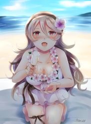 Rule 34 | 1girl, ayame (norie11), beach, bikini, bikini skirt, black ribbon, blush, breasts, cleavage, corrin (female) (fire emblem), corrin (fire emblem), day, feeding, fire emblem, fire emblem fates, fire emblem heroes, flower, flower necklace, food, hair between eyes, hair flower, hair ornament, hairband, hibiscus, holding, ice cream, incoming food, jewelry, kneeling, leg ribbon, lei, long hair, looking at viewer, melting, necklace, nintendo, open mouth, pointy ears, popsicle, pov, pov feeding, red eyes, ribbon, shade, signature, skirt, sky, smile, solo, swimsuit, wavy hair, white hair