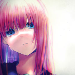Rule 34 | 1girl, blue eyes, closed mouth, crying, crying with eyes open, hair between eyes, long hair, looking at viewer, milktea 0021, open mouth, original, pink hair, portrait, simple background, solo, straight hair, tears, watermark, white background