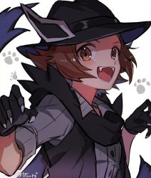 Rule 34 | 1boy, :d, animal hands, black gloves, black hat, black scarf, black vest, blush, brown eyes, brown hair, buttons, collared shirt, commentary request, creatures (company), game freak, gloves, grey shirt, hands up, hat, hilbert (fall 2020) (pokemon), hilbert (pokemon), looking at viewer, male focus, nintendo, official alternate costume, open mouth, paw gloves, paw print, pokemon, pokemon ears, pokemon masters ex, scarf, shirt, smile, solo, teeth, tongue, tpi ri, twitter username, upper body, vest