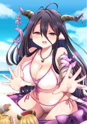 Rule 34 | 10s, 1girl, bandaged arm, bandages, bikini, black hair, blush, breasts, cleavage, cloud, danua, day, draph, granblue fantasy, gretel (granblue fantasy), hansel (granblue fantasy), horn ornament, horns, kamiya zuzu, large breasts, navel, pointy ears, reaching, reaching towards viewer, red eyes, sky, smile, swimsuit
