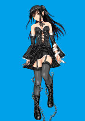 Rule 34 | 1girl, absurdres, ano hito, black choker, black dress, black footwear, black hair, blue background, boots, boxcutter, breasts, brown eyes, chain, choker, commentary request, detached sleeves, dress, ero lolita, frilled dress, frills, frown, full body, garter straps, gothic lolita, hair ribbon, highres, holding, lolita fashion, one side up, original, ribbon, short dress, small breasts, solo, thighhighs, zipper