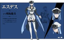 Rule 34 | 10s, 1girl, akame ga kill!, blue eyes, blue hair, breasts, character design, character sheet, cleavage, cross, esdeath, hat, long hair, matching hair/eyes, military, military uniform, official art, simple background, solo, thighhighs, uniform, very long hair