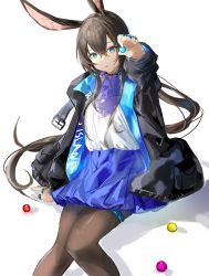 Rule 34 | 1girl, absurdres, amiya (arknights), amiya (guard) (arknights), animal ears, arknights, ascot, ball, black jacket, blue eyes, blue skirt, brown hair, brown pantyhose, feet out of frame, hand on floor, highres, holding, holding ball, jacket, jewelry, kkk dami, long hair, long sleeves, looking at viewer, official alternate costume, on floor, open clothes, open jacket, open mouth, pantyhose, purple ascot, rabbit ears, ring, shirt, sidelocks, skirt, solo, white background, white shirt