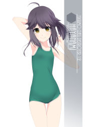 Rule 34 | 1girl, ahoge, alternate color school swimsuit, armpits, artist name, black hair, brown eyes, character name, collarbone, cowboy shot, eyes visible through hair, flat chest, green one-piece swimsuit, hair between eyes, hayanami (kancolle), highres, inaba shiki, kantai collection, looking at viewer, new school swimsuit, one-hour drawing challenge, one-piece swimsuit, ponytail, school swimsuit, short hair, sidelocks, simple background, smile, solo, standing, swimsuit, white background