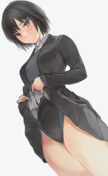 Rule 34 | 1girl, amagami, black eyes, black hair, black jacket, black sailor collar, black skirt, black one-piece swimsuit, bob cut, clothes lift, commentary request, competition swimsuit, cowboy shot, dress, highres, jacket, kibito high school uniform, looking at viewer, nanasaki ai, one-piece swimsuit, pleated dress, sailor collar, school uniform, serafuku, serizawa (serizawaroom), simple background, skirt, skirt lift, solo, sweater vest, swimsuit, swimsuit under clothes, two-tone swimsuit, white background