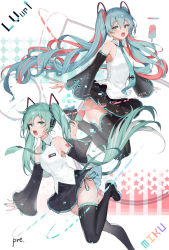 Rule 34 | 2girls, aqua eyes, aqua hair, artist name, black footwear, black skirt, black sleeves, blouse, boots, character name, detached sleeves, dual persona, fang, food, green eyes, green hair, hatsune miku, hatsune miku (vocaloid4) (chinese), headphones, highres, long hair, multicolored hair, multiple girls, nail polish, necktie, open mouth, pleated skirt, popsicle, pre (preecho), red hair, see-through, see-through sleeves, shirt, skirt, sleeveless, sleeveless shirt, star (symbol), thigh boots, thighhighs, twintails, very long hair, vocaloid, white background, white shirt