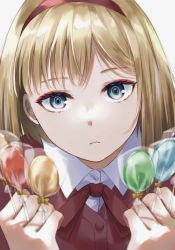 Rule 34 | 1girl, blonde hair, blue eyes, candy, closed mouth, collared shirt, commentary request, destiny (takt op.), expressionless, food, hairband, highres, holding, holding candy, holding food, holding lollipop, lollipop, looking at viewer, medium hair, nana se30, neck ribbon, partial commentary, portrait, red hairband, red ribbon, ribbon, shirt, solo, takt op., white shirt, wrapped candy
