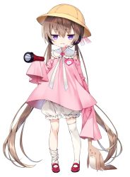 Rule 34 | 1girl, asymmetrical legwear, bloomers, brown hair, child, detached sleeves, dress, flashlight, full body, hat, headset, highres, holding, jitome, kitsune ncv, long hair, long sleeves, mary janes, pink dress, pout, purple eyes, red footwear, school hat, shoes, sleeves past fingers, sleeves past wrists, solo, stuffed animal, stuffed toy, thighhighs, tsukuyomi ai, twintails, underwear, uneven legwear, very long hair, voiceroid, white background, white bloomers, white thighhighs, yellow hat