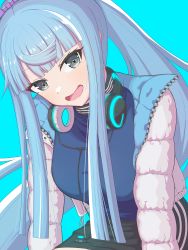 Rule 34 | 1girl, absurdres, alice fiction, blue background, blue hair, blue theme, breasts, grey eyes, headphones, headphones around neck, highres, hippocrates (alice fiction), jacket, large breasts, long hair, long sleeves, looking at viewer, maruku710, open mouth, ponytail, sitting, skirt, smile, solo