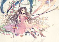 Rule 34 | 1990s (style), 1girl, aerith gainsborough, book, boots, bracelet, branch, brown hair, cherry, choker, dress, final fantasy, final fantasy vii, fish, flower, food, fruit, green eyes, hair flower, hair ornament, head wreath, high heels, highres, jewelry, kieta, lily (flower), long dress, long hair, long legs, materia, necklace, petals, pink dress, pink flower, pink rose, plant, retro artstyle, rose, shoes, sitting, smile, solo, staff, star (symbol), very long hair, vines