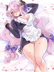 Rule 34 | 1girl, apron, arm up, beyumi, blue eyes, breasts, cleavage, cleavage cutout, clothing cutout, dress, granblue fantasy, hair ornament, hair over one eye, hair ribbon, hairpin, heart, heart cutout, highres, horns, large breasts, legs together, long sleeves, looking at viewer, lying, maid, maid apron, narmaya (granblue fantasy), narmaya (valentine) (granblue fantasy), official alternate costume, on back, one eye covered, panties, panty peek, pink hair, pointy ears, ribbon, short dress, solo, thick thighs, thighs, underwear, white panties