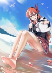 Rule 34 | 1girl, absurdres, akame ga kill!, barefoot, beach, blush, candy, chelsea (akame ga kill!), feet, food, hekatonkheires, highres, in mouth, lollipop, long hair, looking at viewer, orange hair, red eyes, soles, stuffed animal, stuffed toy, toes