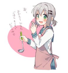 Rule 34 | 1girl, apron, blouse, blue sailor collar, blue skirt, fuji fujino, green eyes, grey hair, hair ornament, hairclip, holding, holding needle, long sleeves, looking at viewer, needle, open mouth, pink apron, sailor collar, saucer, school uniform, shirt, short hair, sidelocks, simple background, skirt, solo, standing, translation request, two-tone background, white shirt, yama no susume, yukimura aoi