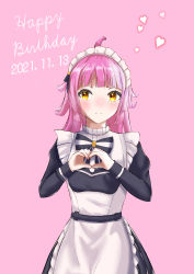 Rule 34 | 1girl, absurdres, apron, artist name, artist request, black bow, black dress, black skirt, blush, bow, bowtie, breasts, brown eyes, dress, female focus, frilled apron, frilled shirt collar, frills, heart, heart (symbol), heart hands, heart print, highres, long sleeves, looking at viewer, love live!, love live! nijigasaki high school idol club, maid, maid apron, maid headdress, miniskirt, parted lips, pink background, pink hair, plaid, plaid dress, plaid skirt, pleated, pleated dress, pleated skirt, puffy long sleeves, puffy sleeves, short hair, skirt, small breasts, smile, solo, striped, striped bow, tennoji rina, white apron, white dress, yellow eyes