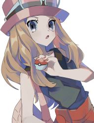 Rule 34 | 1girl, :o, bag, black shirt, commentary, creatures (company), eyelashes, game freak, grey eyes, handbag, hat, highres, holding, holding poke ball, light brown hair, long hair, looking at viewer, moji (ld ipx), nail polish, nintendo, open mouth, pink bag, pink hat, poke ball, poke ball (basic), pokemon, pokemon xy, red nails, red skirt, serena (pokemon), shirt, skirt, sleeveless, sleeveless shirt, solo, symbol-only commentary, tongue