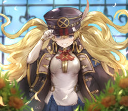 1girl blonde_hair breasts female_focus gloves granblue_fantasy hat hat_feather hat_tip jacket lala_(0915_yu) long_hair monika_weisswind open_mouth peaked_cap smile solo twintails