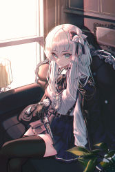 Rule 34 | 1girl, absurdres, bad id, bad pixiv id, belt, black gloves, black ribbon, black thighhighs, blue eyes, blue jacket, blue skirt, chromatic aberration, closed mouth, commentary, couch, domi (hongsung0819), earrings, film grain, flower, frilled shirt, frills, gloves, gun, hair flower, hair ornament, hair ribbon, handgun, highres, holding, holding gun, holding weapon, huge filesize, indoors, jacket, jacket on shoulders, jewelry, leaf, light particles, long hair, long sleeves, looking at viewer, miniskirt, neck ribbon, original, pleated skirt, revolver, ribbon, shirt, sitting, skirt, solo, suspenders, thighhighs, weapon, white hair, white shirt, window