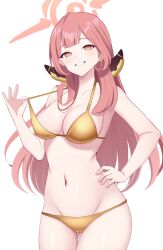 Rule 34 | 1girl, aru (blue archive), bikini, blue archive, blunt bangs, blush, breasts, cleavage, commentary request, cowboy shot, demon horns, gluteal fold, gold bikini, grin, groin, halo, halterneck, hand on own hip, hand up, highres, horns, large breasts, lifting own clothes, long hair, looking at viewer, navel, orange eyes, orange halo, paid reward available, parted lips, pink hair, simple background, smile, solo, standing, stomach, strap lift, surippa1010, swimsuit, very long hair, white background