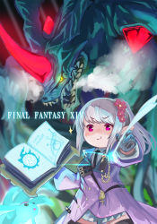 Rule 34 | &gt;:), 1girl, warrior of light (ff14), book, breath, carbuncle (final fantasy), closed mouth, coat, commentary request, copyright name, crystal, final fantasy, final fantasy xiv, flower, gloves, glowing, glowing eye, grey hair, hair flower, hair ornament, harnetyss, high ponytail, highres, holding, holding book, horns, lalafell, long hair, long sleeves, looking at another, looking at viewer, monster, necktie, open book, pink eyes, pointy ears, proto-carbuncle, shaded face, sharp teeth, shirt, sidelocks, single horn, size difference, smile, smug, summoner (final fantasy), teeth, thighhighs, v-shaped eyebrows, yellow eyes, zettai ryouiki