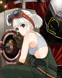Rule 34 | 10s, 1girl, back, bare shoulders, belt, brown eyes, brown gloves, crop top, demizu tatsuya, gloves, god eater, god eater 2: rage burst, goggles, goggles on head, kusunoki rikka, looking at viewer, making-of available, off shoulder, overalls, ponytail, short hair, silver hair, solo, squatting, tank top, weapon
