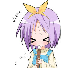 Rule 34 | &gt; &lt;, 00s, blue eyes, blue hair, chibi, closed eyes, flute, hiiragi tsukasa, instrument, lowres, lucky star, musical note, paco, recorder, simple background, solo, white background