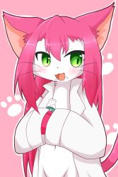 Rule 34 | 1girl, animal ears, artist request, cat busters, cat ears, cat tail, coat, female focus, furry, furry female, green eyes, highres, long hair, naked coat, neko hakase (cat busters), no humans, open mouth, out-of-frame censoring, pink hair, solo, tail, twintails