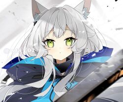 Rule 34 | 1girl, animal ear fluff, animal ears, arknights, artist name, blush, cat ears, cat girl, commentary, green eyes, itsuki 02, long hair, looking at viewer, parted lips, rosmontis (arknights), solo, straight-on, twitter username, white hair