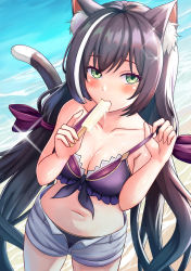 Rule 34 | animal ear fluff, animal ears, bare arms, beach, bikini, black hair, blush, bow, breasts, cat ears, cat girl, cat tail, cleavage, collarbone, cowboy shot, dripping, eating, food, frilled bikini, frills, from above, green eyes, hair between eyes, hair bow, hands up, highres, holding, karyl (princess connect!), long hair, looking to the side, looking up, low twintails, lunarscent, medium breasts, midriff, multicolored hair, navel, ocean, open clothes, open shorts, popsicle, princess connect!, pulling own clothes, purple bow, short shorts, shorts, sparkle, standing, strap pull, swimsuit, tail, twintails, very long hair