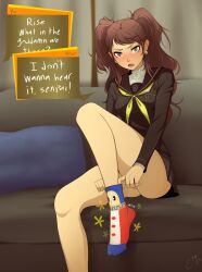 Rule 34 | 1girl, absurdres, black shirt, blush, breasts, brown eyes, brown hair, cabronpr, character name, character print, dated, earrings, english text, feet, foot out of frame, highres, impossible clothes, jewelry, knee up, kujikawa rise, kuma (persona 4), legs, long sleeves, looking at viewer, medium breasts, miniskirt, neckerchief, no shoes, open mouth, panties, persona, persona 4, school uniform, shirt, signature, sitting, skirt, solo, speech bubble, swept bangs, teeth, thighs, toes, twintails, underwear, v-shaped eyebrows, white panties, yasogami school uniform, yellow neckerchief