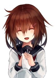 Rule 34 | 10s, 1girl, :d, anchor symbol, blush, brown hair, commentary, closed eyes, fang, gloves, hair ornament, hairclip, holding hands, highres, ikazuchi (kancolle), kantai collection, long sleeves, natsuyuki, open mouth, pov, sailor collar, school uniform, serafuku, smile, solo focus, white background
