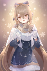 Rule 34 | 1girl, :d, ahoge, backlighting, blue coat, brown eyes, brown hair, brown scarf, capelet, coat, crossed bangs, double-parted bangs, fur trim, gloves, hair between eyes, hair ribbon, hololive, hololive english, long hair, looking at viewer, mujinbensin, multicolored hair, nanashi mumei, official alternate costume, open mouth, plaid, plaid scarf, ponytail, ribbon, scarf, smile, snowflakes, streaked hair, very long hair, virtual youtuber, white capelet, white gloves