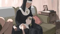 Rule 34 | 2girls, blonde hair, blue eyes, book, check copyright, closed eyes, closed mouth, clumsy nun (diva), copyright request, couch, cross, cross necklace, diva (hyxpk), drawer, feet out of frame, gloves, unworn gloves, habit, highres, indoors, jewelry, lap pillow, latin cross, legs up, little nuns (diva), looking at another, lying, mother superior (diva), multiple girls, necklace, nun, old, old woman, on back, on couch, original, photo (object), pillow, round eyewear, sitting, smile, traditional nun, wooden floor