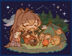 Rule 34 | 1girl, 6+others, ahoge, animal (nanashi mumei), ankle boots, asymmetrical legwear, belt, blush, boots, brown capelet, brown cloak, brown eyes, brown hair, campfire, cape, capelet, chibi, cloak, closed eyes, cloud, cloudy sky, crescent moon, crossed bangs, feather hair ornament, feathers, food, forest, gloves, hair ornament, hairclip, highres, holding, holding stick, hololive, hololive english, hooman (nanashi mumei), hootsie (nanashi mumei), kneehighs, long hair, marshmallow, moon, multicolored hair, multiple others, nanashi mumei, nanashi mumei (1st costume), nature, night, night sky, partially fingerless gloves, pleated skirt, ponytail, red skirt, roasted marshmallow, scarf, schwarztee w, single kneehigh, single sock, single thighhigh, skirt, sky, socks, star (sky), starry sky, stick, streaked hair, tent, thighhighs, very long hair, virtual youtuber