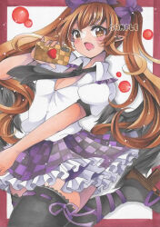 Rule 34 | 1girl, black necktie, black thighhighs, black wings, blush, bow, breasts, brown eyes, brown hair, buttons, cellphone, checkered clothes, checkered skirt, collared shirt, dress shirt, feathered wings, frilled skirt, frills, geta, hair bow, highres, himekaidou hatate, holding, holding phone, leaning back, leg up, long hair, looking at viewer, maccha xxxxxx, marker (medium), medium breasts, necktie, open mouth, partially unbuttoned, phone, pleated skirt, pointy ears, puffy short sleeves, puffy sleeves, purple bow, purple ribbon, purple skirt, ribbon, ribbon-trimmed thighhighs, ribbon trim, sample watermark, shirt, short sleeves, simple background, skirt, smartphone, solo, standing, standing on one leg, thighhighs, touhou, traditional media, twintails, watermark, white shirt, wings, zettai ryouiki