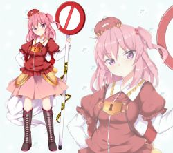 Rule 34 | 1girl, blush, boots, breasts, brown footwear, closed mouth, commentary request, cross-laced footwear, full body, haruyuki (yukichasoba), hat, holding, holding sign, kawashiro mitori, knee boots, lace-up boots, layered sleeves, lock, looking at viewer, medium breasts, mini hat, one side up, original, pink eyes, pink hair, pink skirt, puffy short sleeves, puffy sleeves, road closed to vehicles sign, road sign, short sleeves, sign, skirt, standing, touhou, zoom layer