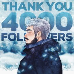 Rule 34 | 1boy, bara, beard, blush, coat, daisukebear, facial hair, from side, grey hair, hair slicked back, highres, looking ahead, male focus, mature male, milestone celebration, mustache, original, short hair, snow, solo, thick eyebrows, thick mustache, upper body, winter clothes