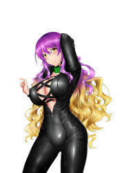 Rule 34 | 1girl, absurdres, arm up, biker clothes, bikesuit, black bodysuit, blonde hair, bodysuit, breasts, center opening, cleavage, closed mouth, commentary request, covered erect nipples, covered navel, cowboy shot, cross-laced clothes, gradient hair, green scarf, highres, hijiri byakuren, impossible clothes, large breasts, leather suit, long hair, multicolored hair, purple hair, scarf, simple background, skin tight, smile, touhou, turbo byakuren, unzipped, wavy hair, white background, yellow eyes, zakusan, zipper, zipper pull tab
