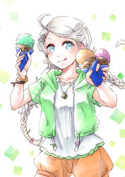Rule 34 | 1girl, ahoge, blue eyes, braid, ebi puri (ebi-ebi), fire emblem, fire emblem fates, food, hair ornament, hairband, hood, hoodie, ice cream, jewelry, looking at viewer, necklace, nina (fire emblem), nintendo, short sleeves, simple background, tongue, tongue out, twin braids, twintails, white hair