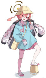 Rule 34 | 1girl, aibon, artist name, bag, bandaid, bandaid on face, bandaid on leg, bandaid on nose, blue archive, blush, bucket, child, full body, halo, hat, highres, jacket, kindergarten uniform, long hair, long sleeves, neru (blue archive), open mouth, red eyes, red hair, school hat, signature, simple background, solo, standing, sukajan, white background, white footwear, yellow hat