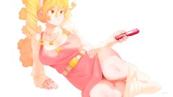 Rule 34 | 1girl, absurdres, arm support, belt, blonde hair, breasts, closed mouth, clothes pull, controller, dress, fingernails, hair between eyes, highres, holding, holding remote control, large breasts, long hair, lying, mofu mofuko (ryusei hashida), on side, orange eyes, original, pantyhose, pantyhose pull, pink dress, remote control, ryusei hashida, short dress, signature, simple background, solo, twintails, white background, white belt, white pantyhose