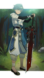 Rule 34 | 1boy, absurdres, ahoge, bandaged leg, bandages, black footwear, blue eyes, blue hair, chongyun (genshin impact), closed mouth, forest, full body, genshin impact, grass, greatsword, highres, holding, holding sword, holding weapon, hood, hood down, light blue hair, male focus, nature, outdoors, rock, solo, standing, sword, tree, vision (genshin impact), wd 154, weapon