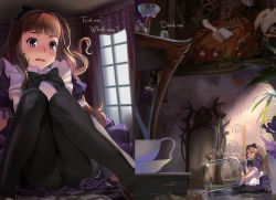 Rule 34 | 1girl, alice (alice in wonderland), alice in wonderland, alphonse (white datura), apron, black pantyhose, blush, book, bottle, brown eyes, brown hair, checkered floor, cup, english text, floor, giant, giantess, leaf, long hair, mini person, minigirl, pantyhose, scared, sitting, table, teacup, tears, wariza
