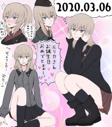 Rule 34 | &gt; &lt;, 1girl, :d, ^^^, akumano riddle, alternate hairstyle, bad id, bad twitter id, black footwear, black headwear, black jacket, black legwear, black skirt, blue eyes, blush, boots, closed mouth, commentary, dated, diffraction spikes, dress shirt, garrison cap, girls und panzer, grey shirt, hair up, hat, head rest, heart, highres, insignia, itsumi erika, jacket, kuromorimine military uniform, kuromorimine school uniform, long sleeves, looking at viewer, medium hair, military, military hat, military uniform, miniskirt, motion lines, multiple views, open mouth, pleated skirt, ponytail, red shirt, red skirt, school uniform, shirt, silver hair, sitting, skirt, smile, socks, sparkle, standing, sweatdrop, translated, uniform, wing collar