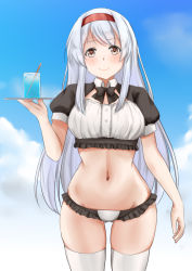 Rule 34 | 1girl, alternate costume, bikini, blue sky, breasts, brown eyes, cloud, cowboy shot, cup, drinking glass, headband, highres, holding, holding tray, kantai collection, koru pera, large breasts, long hair, maid, maid bikini, red headband, short sleeves, shoukaku (kancolle), shrug (clothing), sky, smile, solo, standing, swimsuit, thighhighs, tray, unconventional maid, white hair, white thighhighs