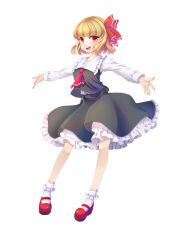 Rule 34 | &gt;:), &gt;:d, 1girl, :d, ascot, blonde hair, blush, bobby socks, bow, female focus, full body, hair bow, long sleeves, mary janes, mimika (puetilun), open mouth, outstretched arms, outstretched hand, red eyes, rumia, shoes, short hair, simple background, skirt, skirt set, smile, socks, solo, spread arms, touhou, v-shaped eyebrows, white background, white socks