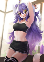 Rule 34 | 1girl, absurdres, ahoge, animal ears, armpits, arms behind head, arms up, bare shoulders, bear ears, black nails, black shirt, black shorts, black thighhighs, blurry, bottle, breasts, camisole, cowboy shot, crop top, depth of field, dolphin shorts, fang, gradient hair, hair between eyes, highres, indie virtual youtuber, indoors, long hair, looking at viewer, medium breasts, messy hair, midriff, mole, mole under eye, multicolored hair, nail polish, navel, open mouth, purple hair, red eyes, sahara1127, shirt, short shorts, shorts, sleeveless, sleeveless shirt, solo, spaghetti strap, standing, steam, stomach, sweat, thighhighs, thighs, towel, two-tone hair, uji jiji, undressing, very long hair, virtual youtuber
